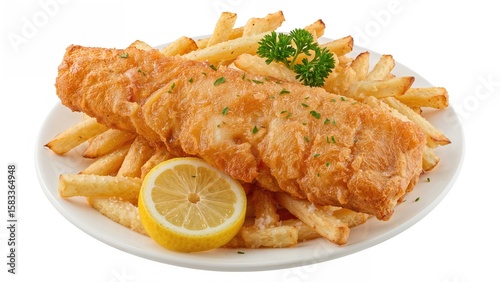 Golden fried fish coated in crunchy batter paired with a side of French fries, a well-loved dish.