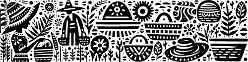 Hand-Drawn Farm and Farmer Hat Illustration, Rural Life Tribal Folk Art Style Vector for Agriculture and Harvest Themes Design