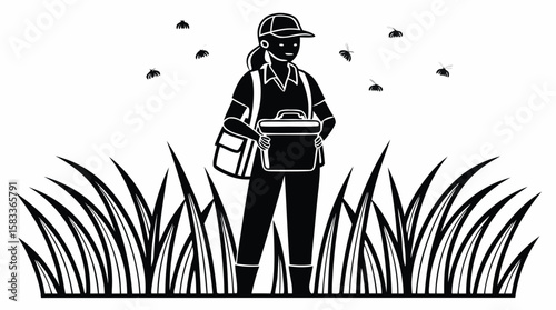 Silhouette of Female Entomologist Observing Flying Bees in Field