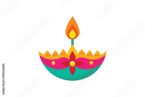 Classic Diya with bright colored flower chain traditional light vector art illustration