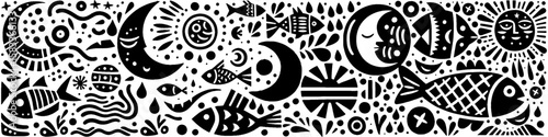 Hand-Drawn Fish and Crescent Illustration, Aquatic and Celestial Tribal Folk Art Style Vector for Nature and Night Themes Design