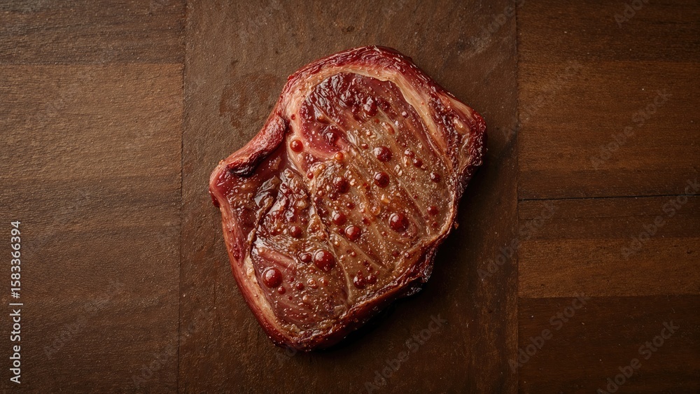 Obraz premium A tender rare beef steak with juices on a rustic wooden cutting board, overhead shot with ample space for text