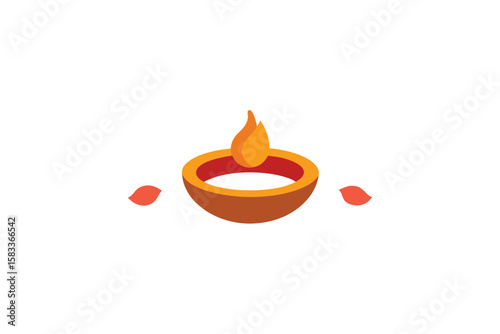 Clay Diya with ring of rose petals romantic light vector art illustration