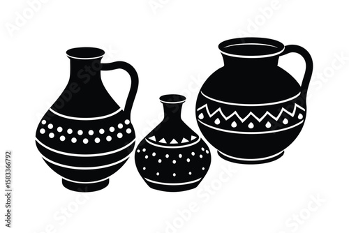 Clay pots in folk art style rustic craftsmanship vector art illustration