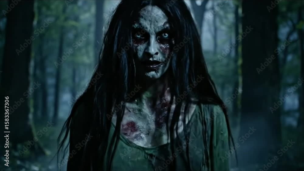 Terrifying Ghost Woman in Dark Jungle at Night – Horror Scene