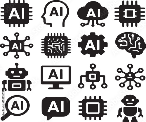 AI Technology Icon Set | Artificial Intelligence, Machine Learning, Data, Neural Network, Innovation Line Icons

