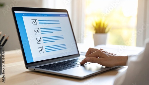 Woman using a laptop displaying a digital checklist for task management and productivity at a bright workspace.