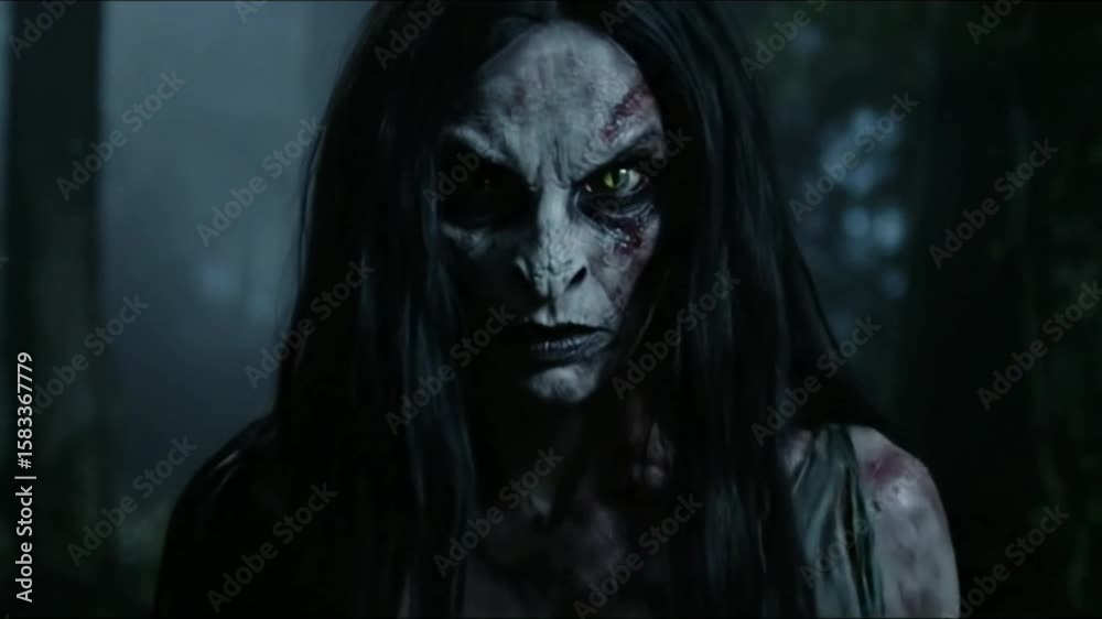 Terrifying Ghost Woman in Dark Jungle at Night – Horror Scene