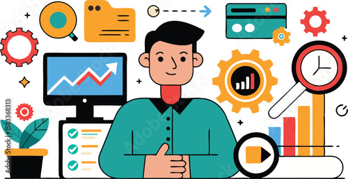 This collection of images depicts illustrations related to Search Engine Optimization (SEO), featuring magnifying glasses, search bars, and charts to symbolize online visibilit