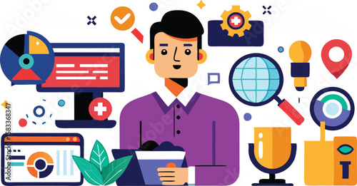 This collection of images depicts illustrations related to Search Engine Optimization (SEO), featuring magnifying glasses, search bars, and charts to symbolize online visibilit