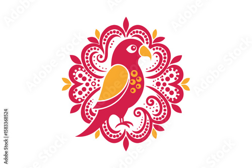 Decorative parrot in center of henna paisley artwork intricate avian vector art illustration