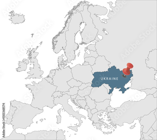 Map of European Union with the identication of Ukraine. Map of Ukraine. Political map of Europe in gray color. European Union countries. Vector stock.