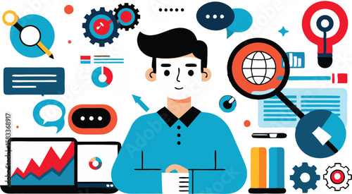 This collection of images depicts illustrations related to Search Engine Optimization (SEO), featuring magnifying glasses, search bars, and charts to symbolize online visibilit
