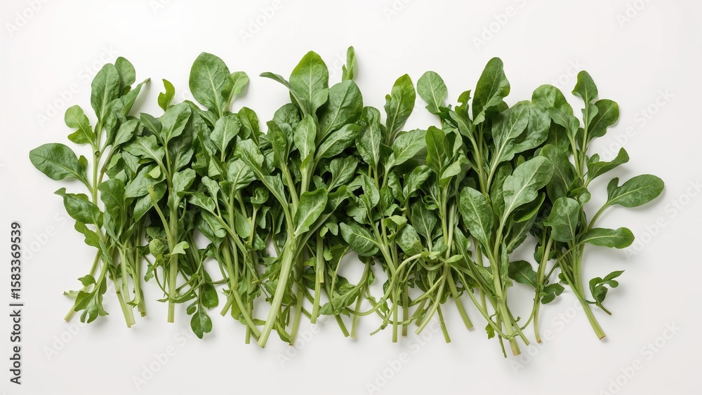 Obraz premium Overhead shot of fresh arugula leaves against a white backdrop