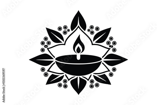 Diya surrounded by ethnic floral patterns cultural illumination vector art illustration