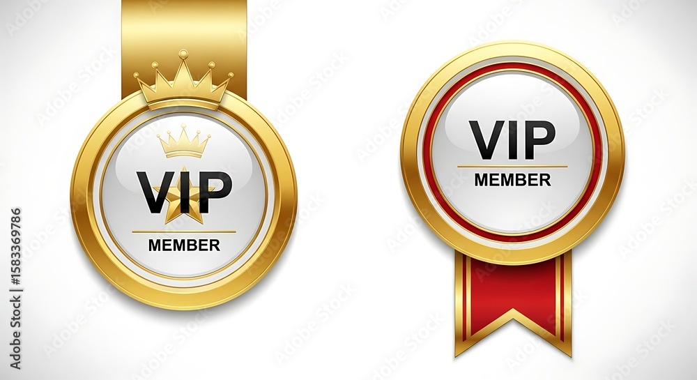 Fototapeta premium Luxurious gold VIP badge with a regal crown showcasing exclusivity and status alongside a red ribbon VIP badge