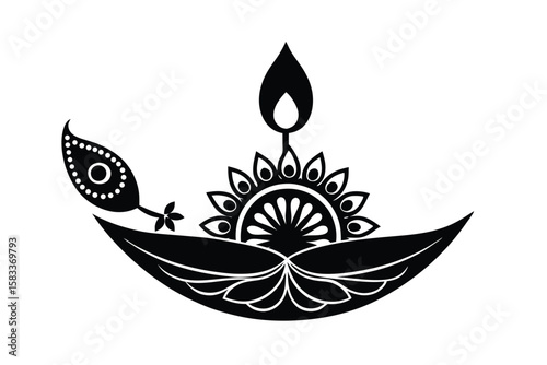 Diya with peacock feather and floral border ornate light vector art illustration