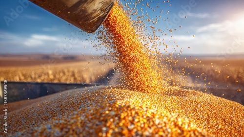The golden corn being harvested under a clear blue sky at sunset.