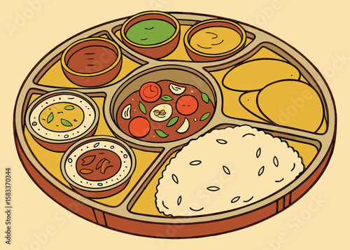Indian Thali Plate with Multiple Dishes—Hand-Drawn Vector
