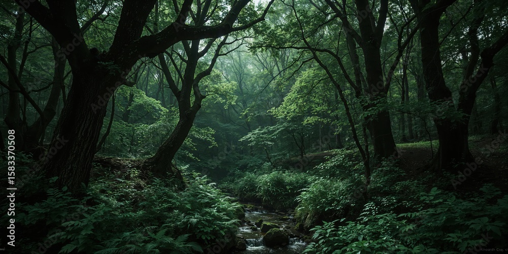 Fototapeta premium Dark woodland landscape with dense greenery and atmospheric mist, perfect for mystery, fantasy, and eco-themed designs