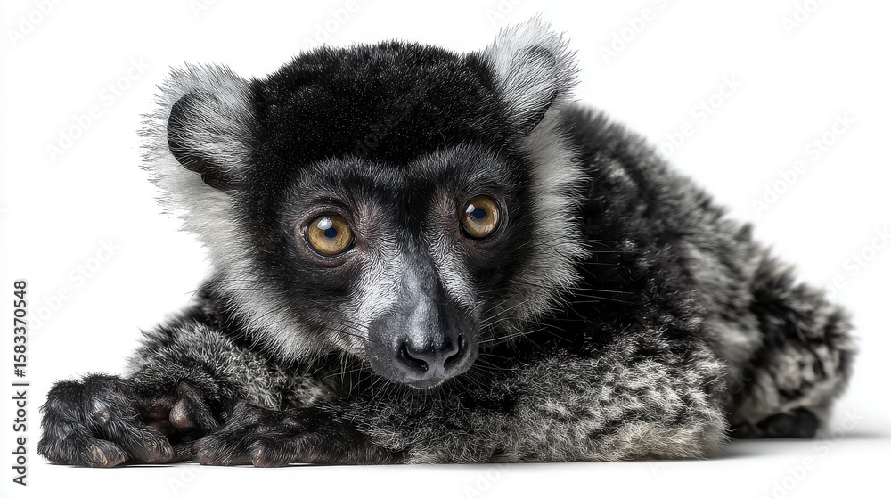 Obraz premium Closeup of black and white lemur on white background wildlife conservation animal portrait Madagascar monkey rare species endangered primate