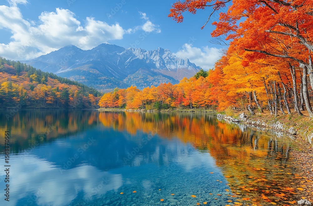 Fototapeta premium Vibrant autumn trees reflected in a clear blue lake with snow capped mountains fall water