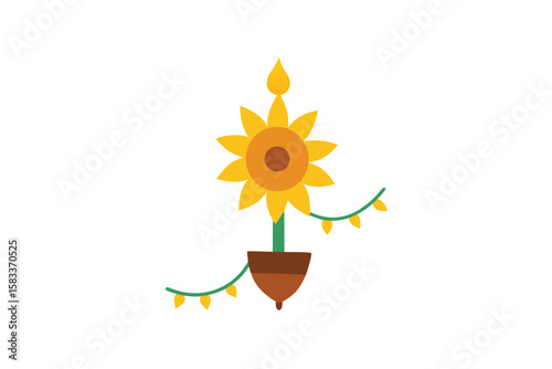 Earthen lamp with stylized sunflower garland vibrant light vector art illustration