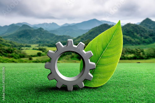 A metal gear resting on a green leaf symbolizes the harmony between technology and nature's sustainability.