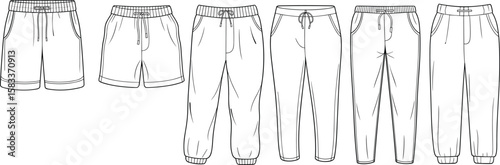 Flat vector fashion technical sketch of jogger pants and shorts set with drawstring waist, ideal for apparel design templates