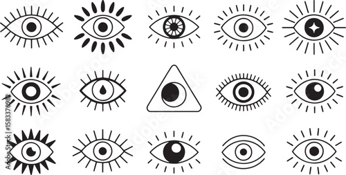 Diverse eye symbols with radiating lines and geometric shapes eyes graphic