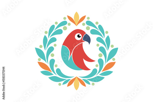 Eclectic parrot in a wreath of paisleys vibrant bird vector art illustration