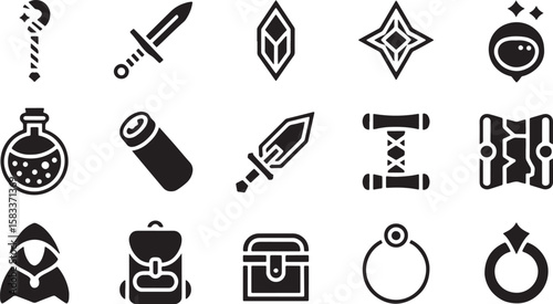 Fantasy adventure game icons staff sword potion map treasure chest ring vector