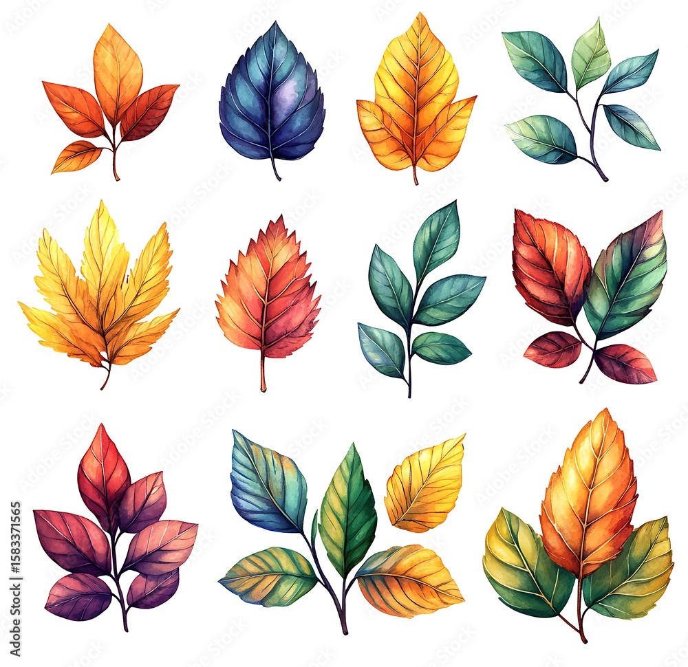 Obraz premium Watercolor autumn leaves in vibrant fall colors on white background leaf image