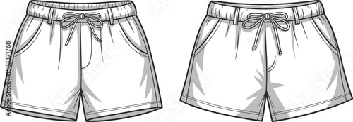 Shorts flat sketch vector, technical cad drawing of casual shorts with drawstring waistband, fashion illustration for apparel design template