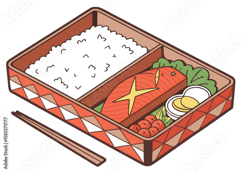 Japanese Bento Box with Rice, Fish, and Sides—Vector Art
