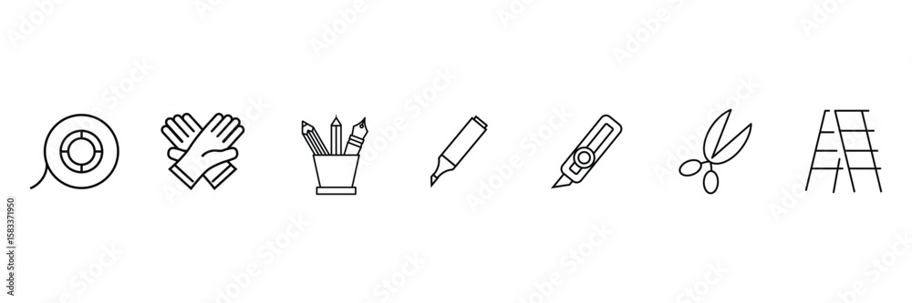 Naklejka premium Art supply tools tape gloves pen marker cutter scissors ladder icon vector illustration for workshop classroom education craft drawing.