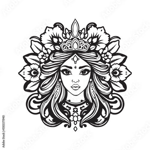 A beautiful queen with a crown and flowers around her face isolated on white background in a black and white illustration