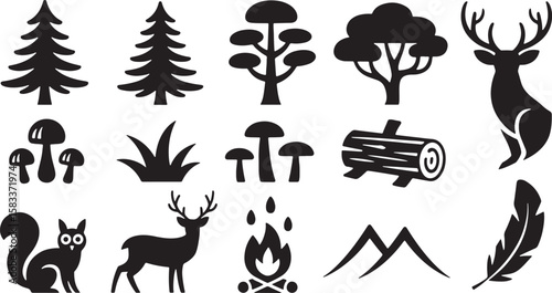 Forest elements including trees animals mushrooms and campfire pine tree deciduous tree