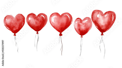 Set of six red heart shaped balloons on white background 