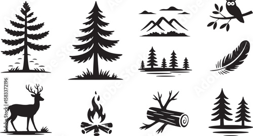 Forest nature elements silhouette collection trees mountains