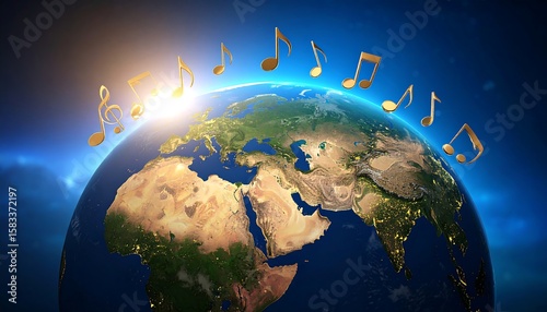 Earth globe with musical notes, sunrise