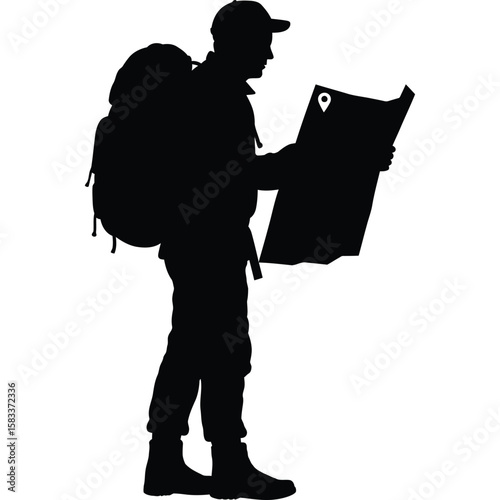 Backpacker Silhouette Studying Map, Hiking Navigation