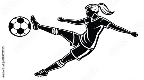 Female Soccer Player Silhouette in Action Kick Pose – Vector Illustration