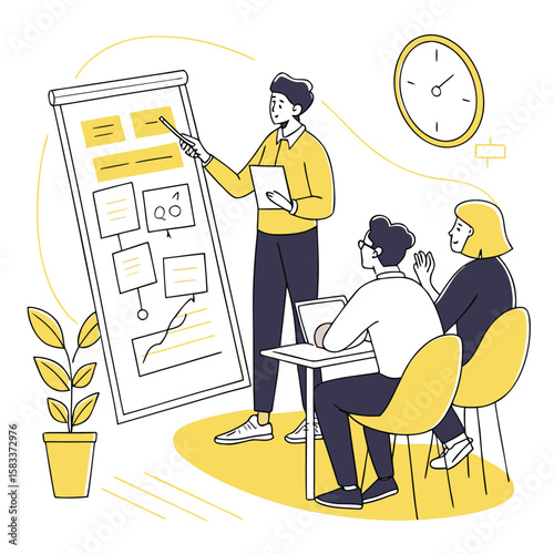  Vector Illustration of a Manager Leading an Idea Session with a Yellow-Highlighted Flip Chart in a Modern Office
 Adobe Illustrator Artwork