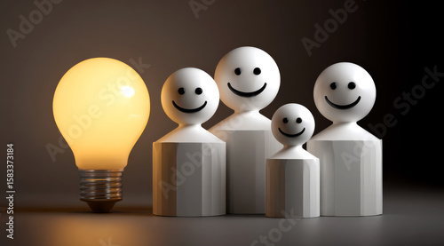 Happy family figurines with a glowing light bulb symbolize ideas and positivity in a creative environment.