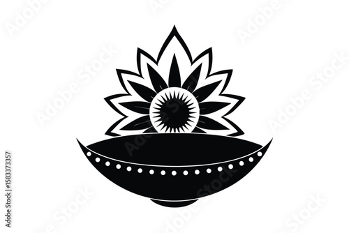 Festive earthen Diya with sunflower border cheerful illumination vector art illustration