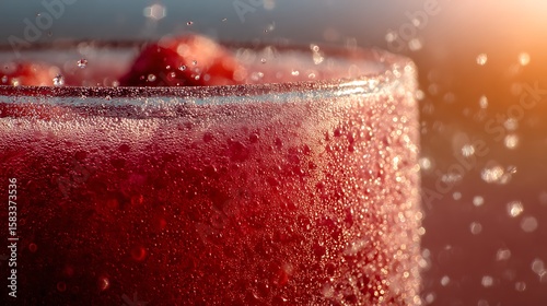 Refreshing close-up of iced berry juice in frosty glass with summer sunlight glow