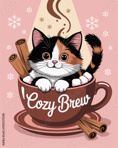 Cute Cat Peeking from Coffee Mug with Marshmallows and Cinnamon Stick