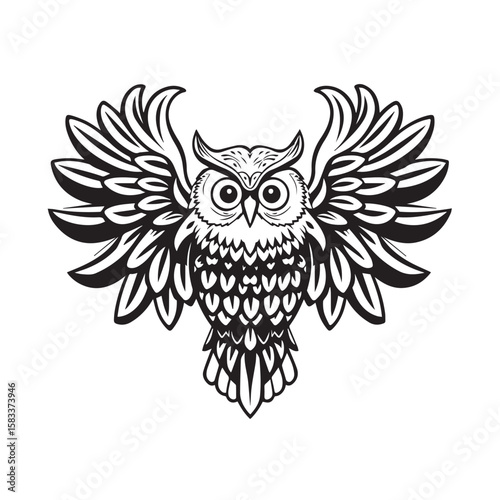 A majestic owl with outstretched wings, isolated on white background, showcasing intricate feather details and a captivating gaze