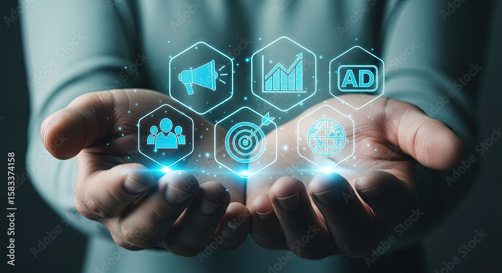 Digital Marketing Strategy: Hands Presenting Business Growth Icons, Advertising, Targeting, Teamwork, and Global Reach for Online Success